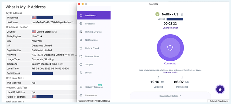 PureVPN passing an IP leak test successfully