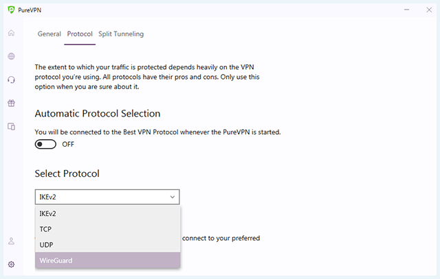 Screenshot of PureVPN, protocols