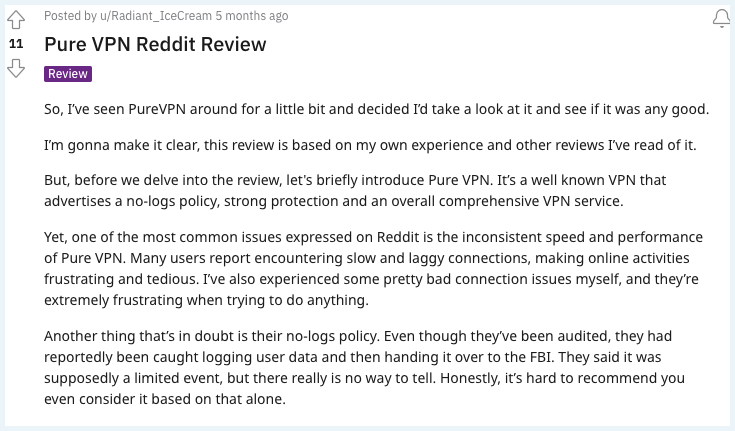 A screenshot of user feedback on Reddit for PureVPN