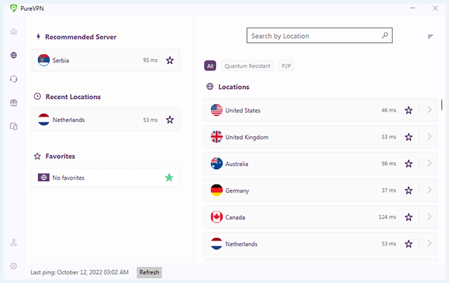 Screenshot of PureVPN, Servers