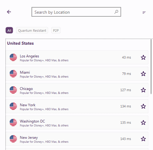 Screenshot of PureVPN, specific servers