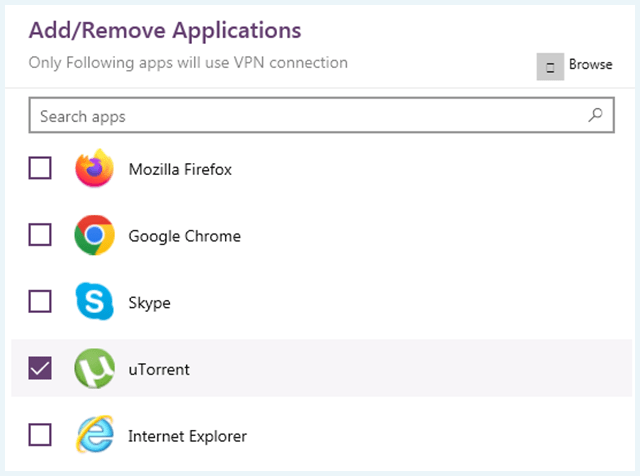 Screenshot of PureVPN, Split Tunneling, add or remove apps