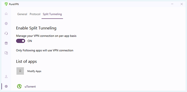 Screenshot of PureVPN, Split Tunneling