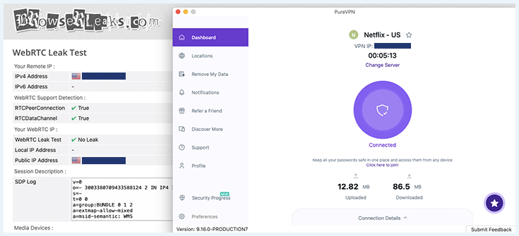 Image of PureVPN passing a WebRTC leak test