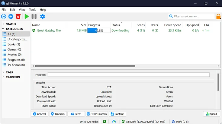 Screenshot of qBittorrent interface, downloading