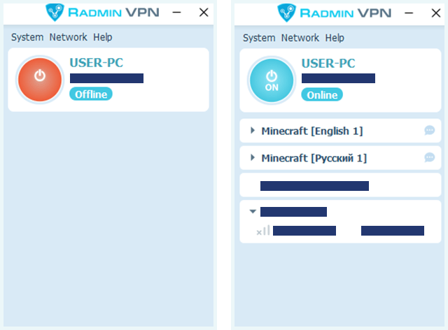 Screenshots of Radmin VPN, client disconnected and client connected