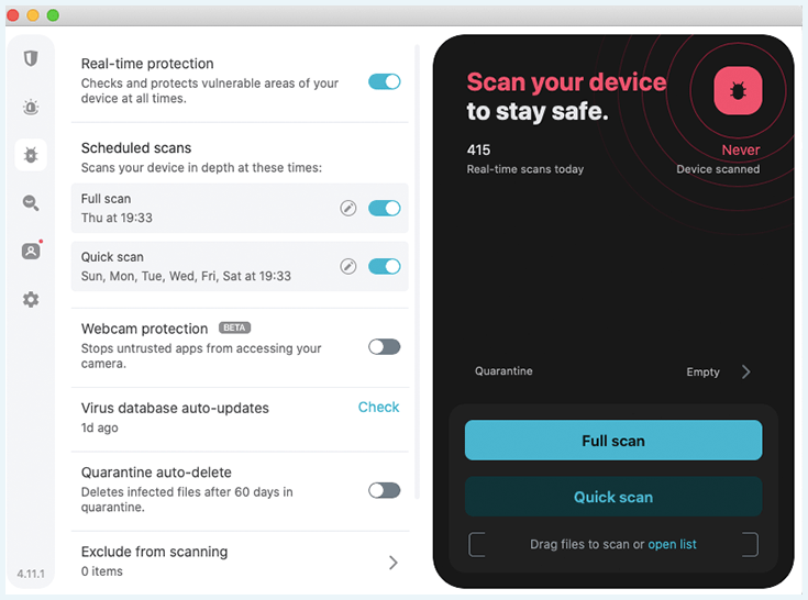 A screenshot of Surfshark's antivirus with real–time protection enabled