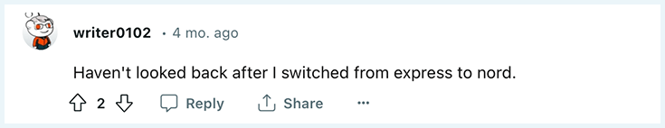 This screenshot shows a comment about ExpressVPN vs NordVPN on Reddit