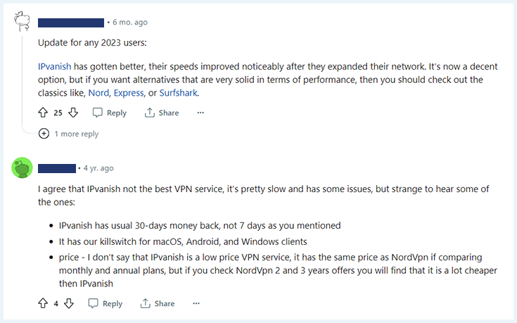 A screenshot of some Reddit comments about IPVanish