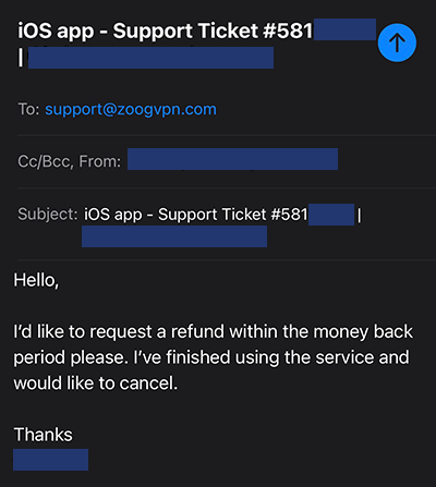 ZoogVPN's contact support email template