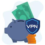 Icon showing piggy bank and some cash around and VPN shield icon