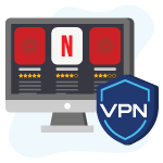 VPN shield next to a screen with a program that looks like Netflix on it