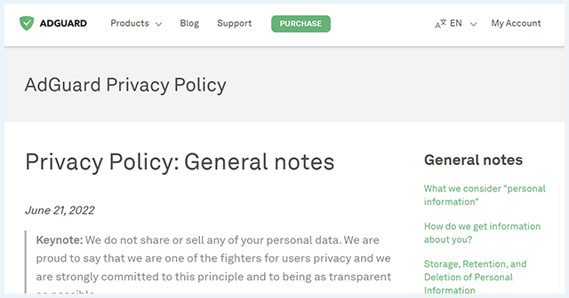 Screenshot of AdGuard VPN, Privacy Policy