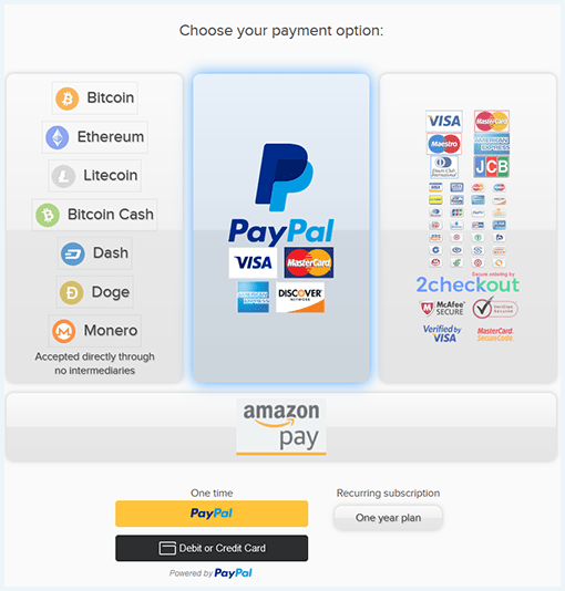 AirVPN choose payment option page