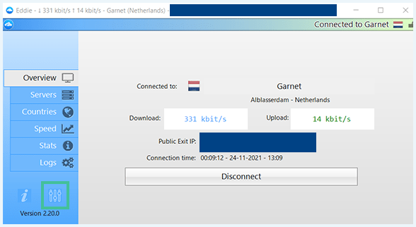 AirVPN software connected