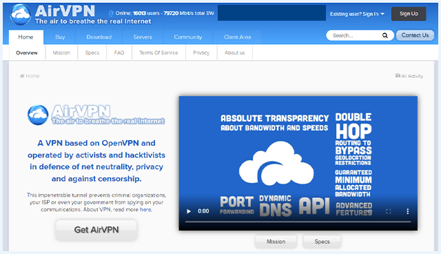 AirVPN website homepage