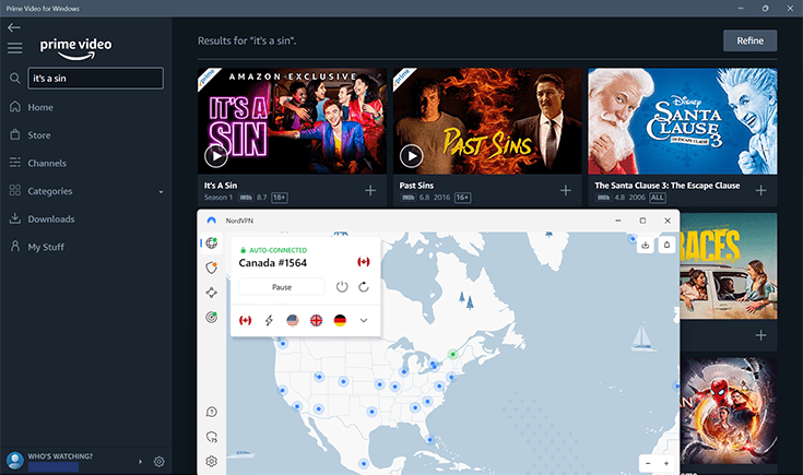 Screenshot of NordVPN app over Prime Video