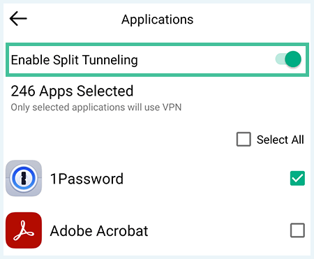 Screenshot of iProVPN, android, split tunneling