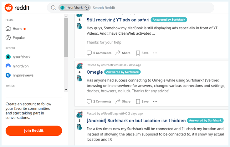 Screenshot of Reddit, answered by Surfshark