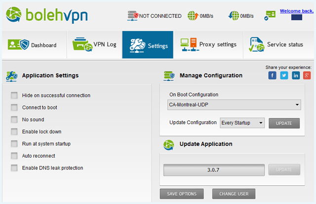 Screenshot of BolehVPN provider, Settings