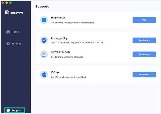 AtlasVPN software support page
