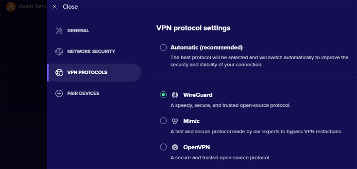 VPN protocols as listed in the Avast SecureLine VPN app