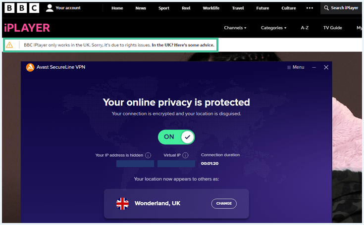 Avast SecureLine VPN app in the foreground with an error message stating we're not in the UK on the BBC iPlayer website in the background