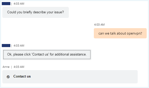 Avast SecureLine VPN Chat Bot referring us to the Contact us page