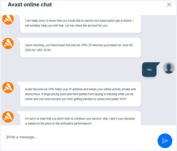 Chat with a support agent of Avast SecureLine VPN with the request of a refund