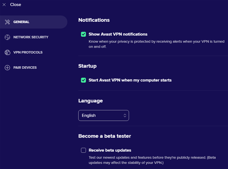 General settings of the Avast SecureLine VPN app