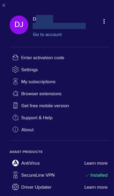 Hamburger menu of the Avast SecureLine VPN app