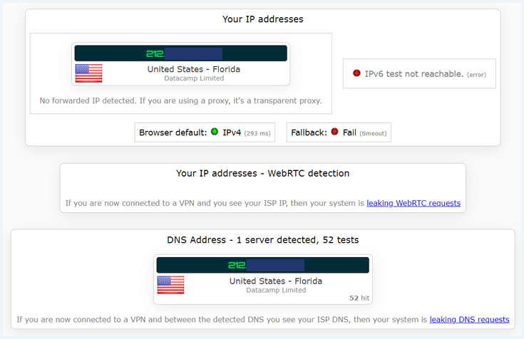 IP leak test of Avast SecureLine VPN showing there is no leak