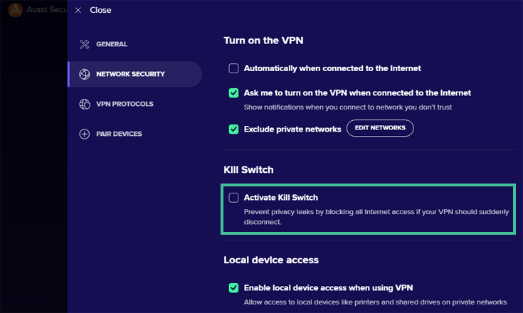 Avast SecureLine VPN app showing the Activate Kill Switch option highlighted