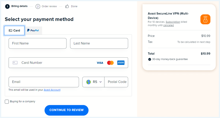 Order page of Avast SecureLine VPN