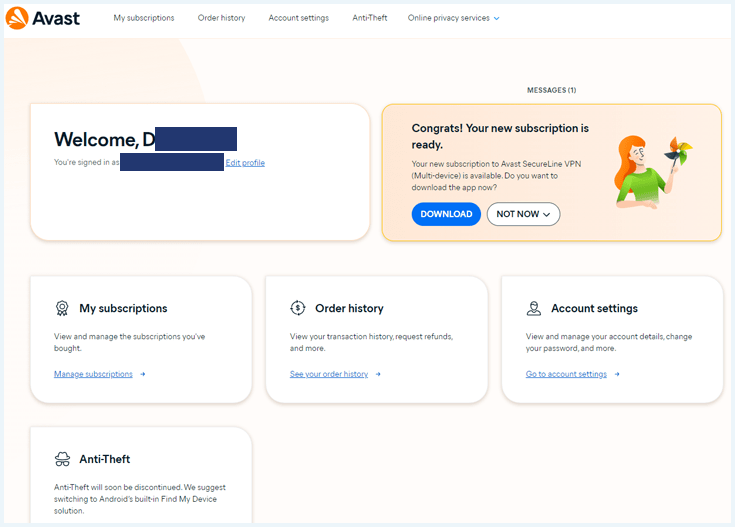 Personal dashboard of Avast SecureLine VPN