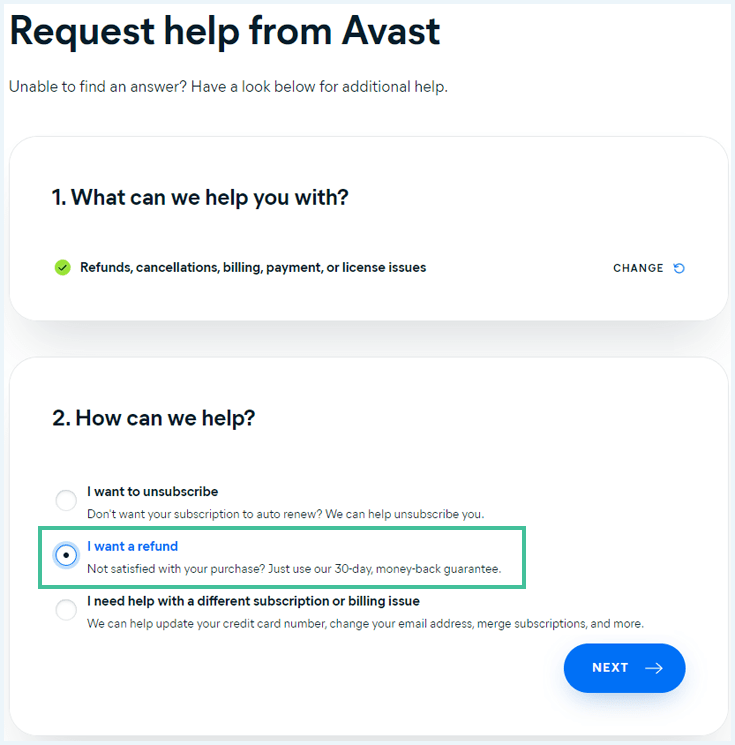 Help request with the I want a refund option highlighted on the Avast SecureLine VPN website