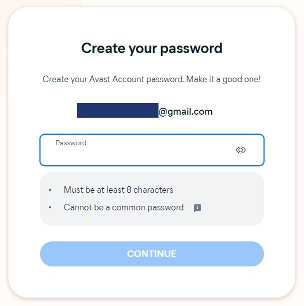 Creat a password form when making an account for Avast SecureLine VPN