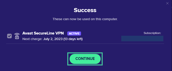 Succesful sign in of Avast SecureLine VPN with the continue button highlighted