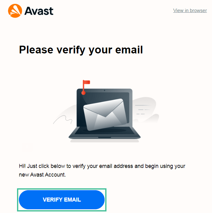 Avast message to please verify your email with the button highlighted