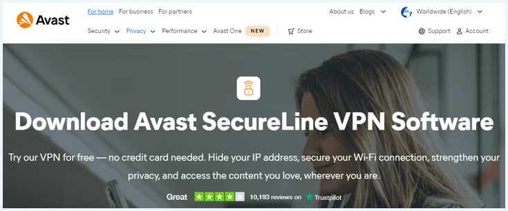 Avast SecureLine VPN website homepage