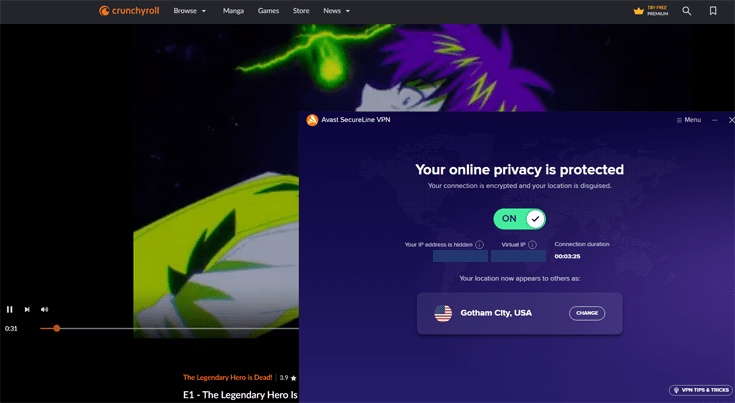 Avast SecureLine VPN app in the foreground with a working Crunchyroll stream in the background