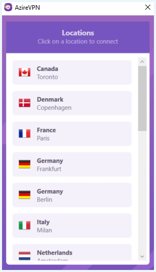 AzireVPN server locations in client