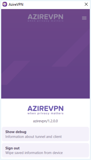 AzireVPN settings page in client