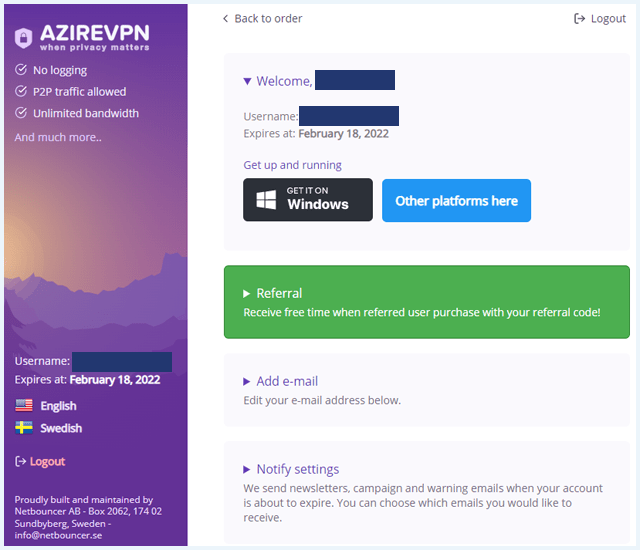 AzireVPN profile page blurred