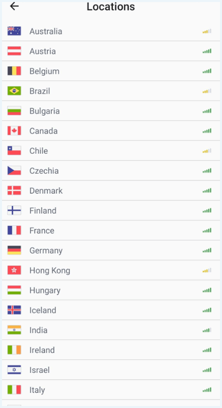 Locations of Browsec VPN servers in the Android app