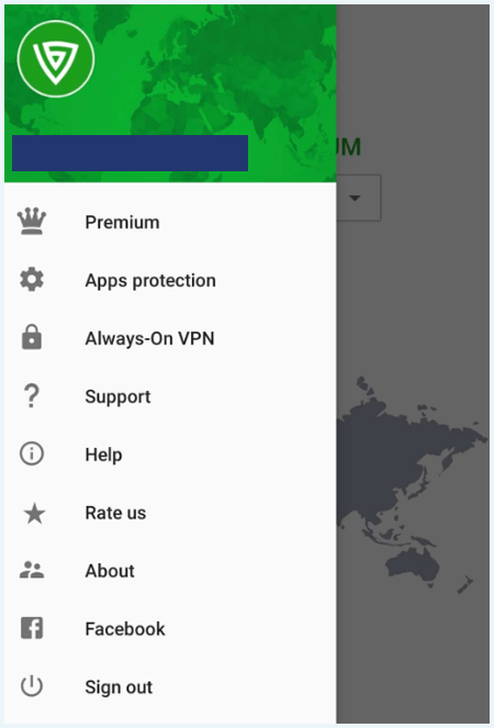 The menu of Browsec VPN in the Android app