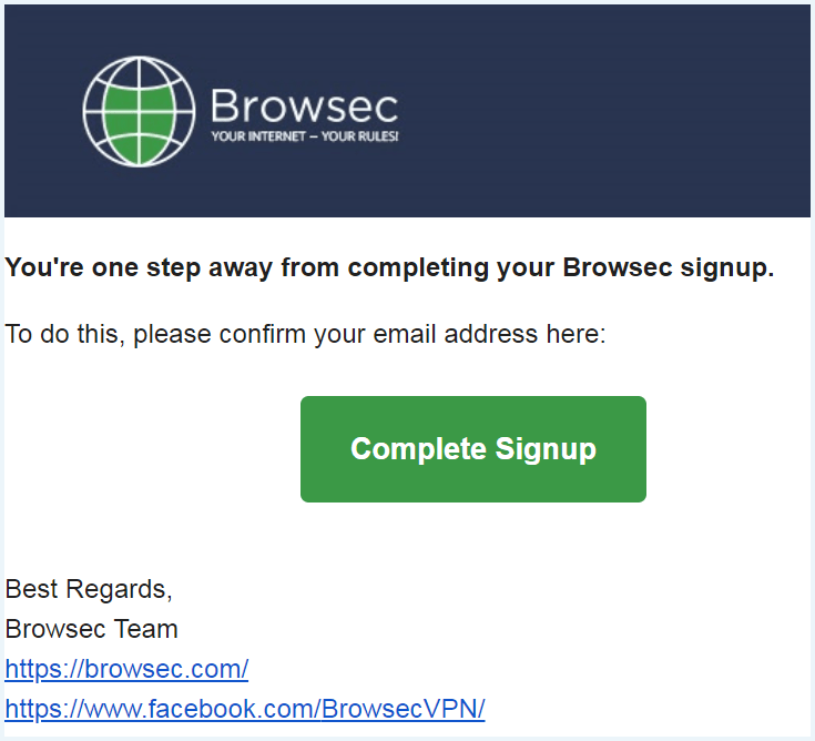 Confirmation email you receive when signing up to Browsec VPN