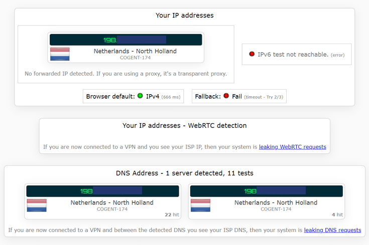 Leak test of Browsec VPN