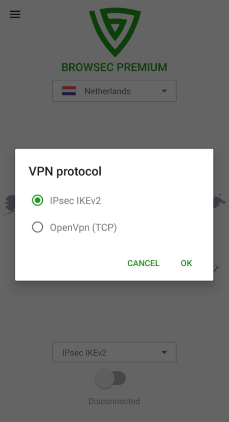 VPN protocols as noted in the Android app of Browsec VPN