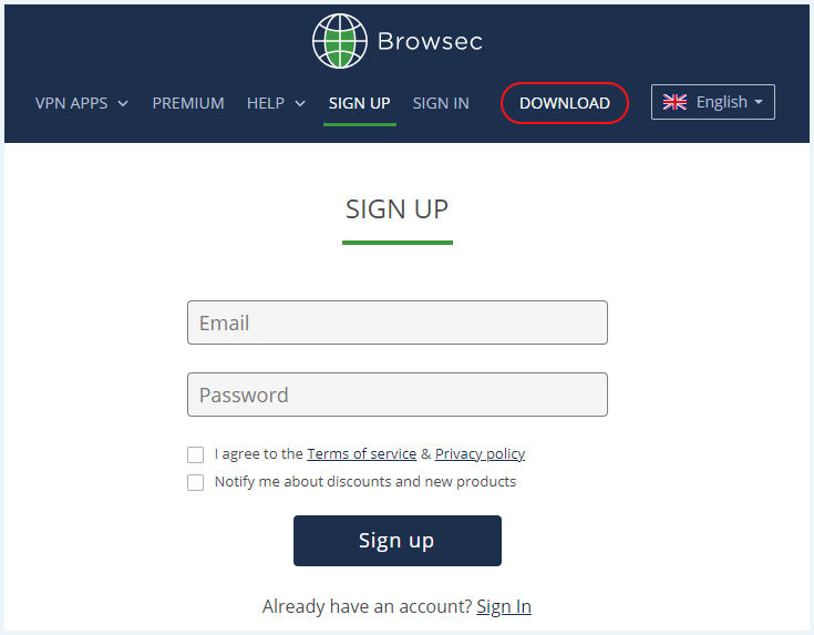 Sign up page on the Browsec VPN website